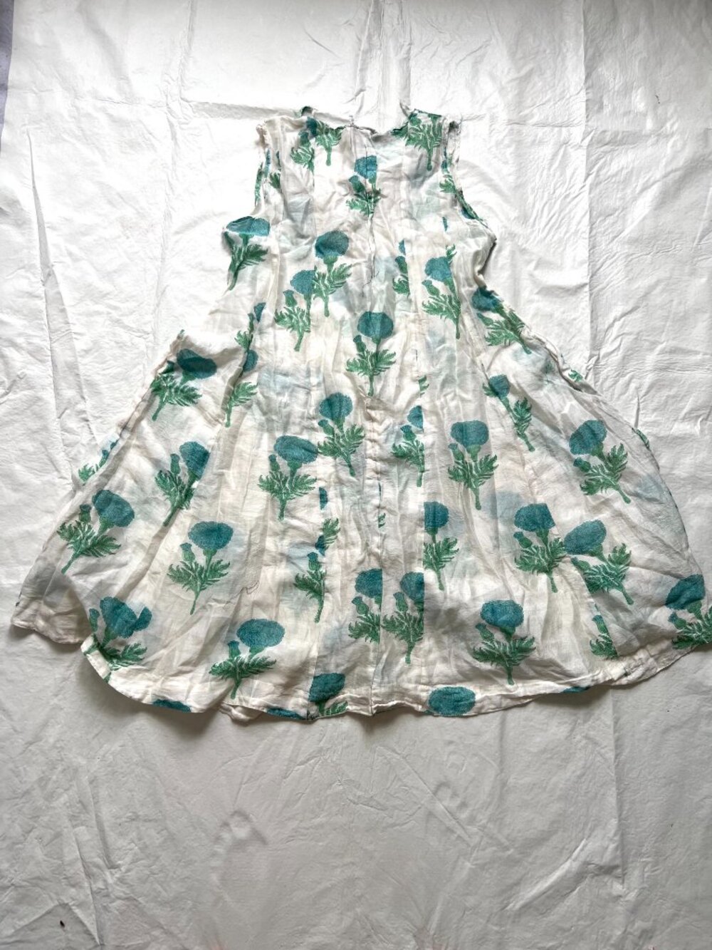 Sleeveless dress white blue green floral print XXL button front cotton silk midi - Picture 2 of 5